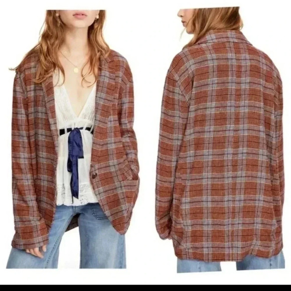 Free People Simply Plaid Linen Blend Oversized One Button Slouchy Blazer(S) - Picture 1 of 12